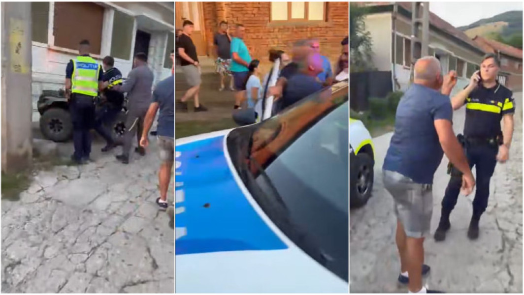 Video Polițist atacat de mai mulți săteni în Caraș-Severin după ce a oprit un bărbat băut pe ATV. Agentul a scos pistolul din dotare