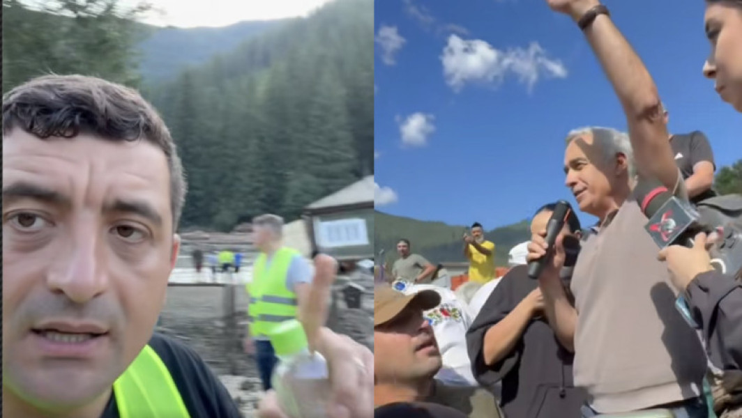 Video&Foto „Cursa” Simion–Georgescu prin zonele inundate: fanfară militară și mers la biserică. Cei doi au venit separat, nu s-au întâlnit